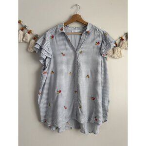 Jane And Delancey Striped Embroidered Floral Button Down Top Coastal Nautical 3x